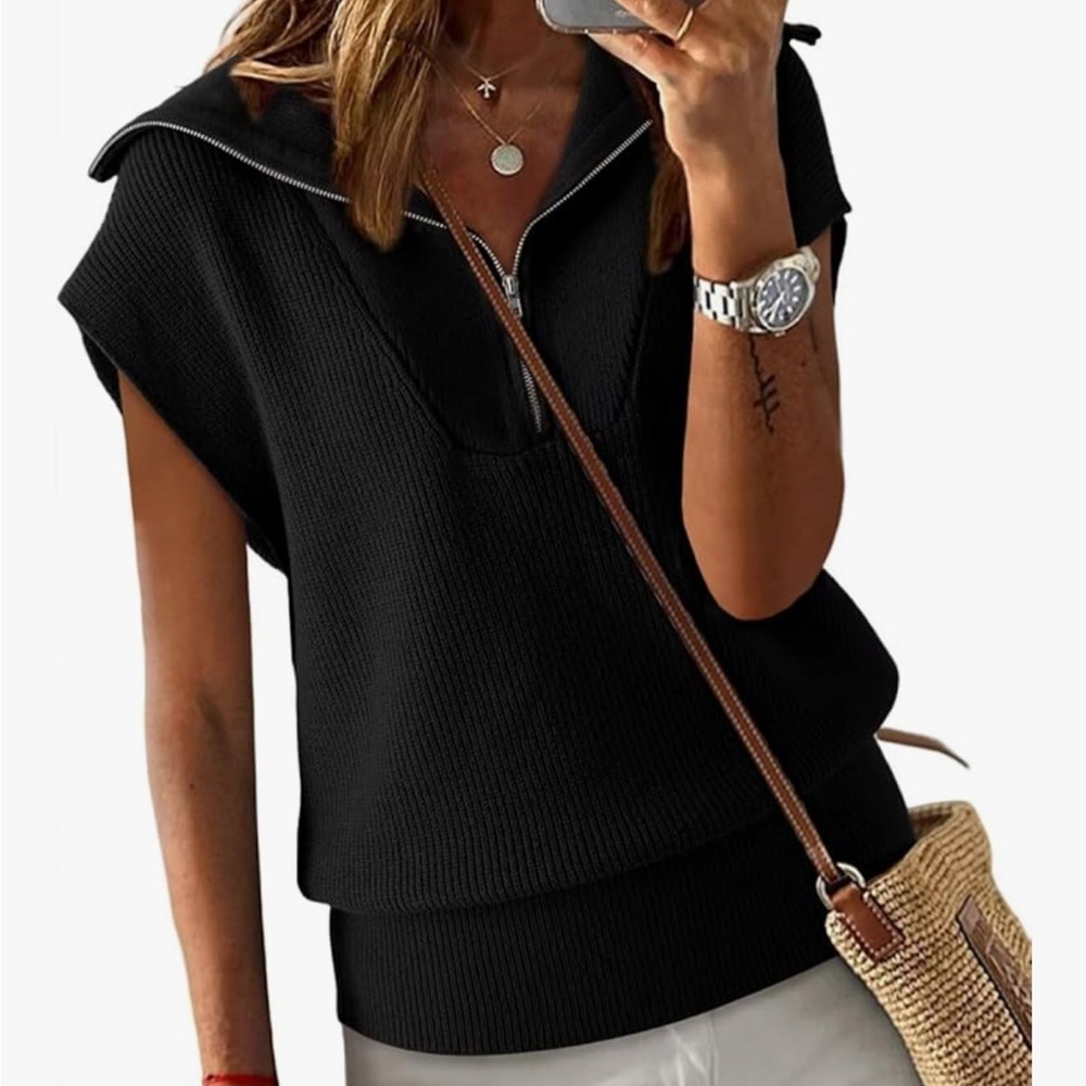 Women's Casual Half Zip Pullover Sweaters V Neck Collar Ribbed Knitted Sweater